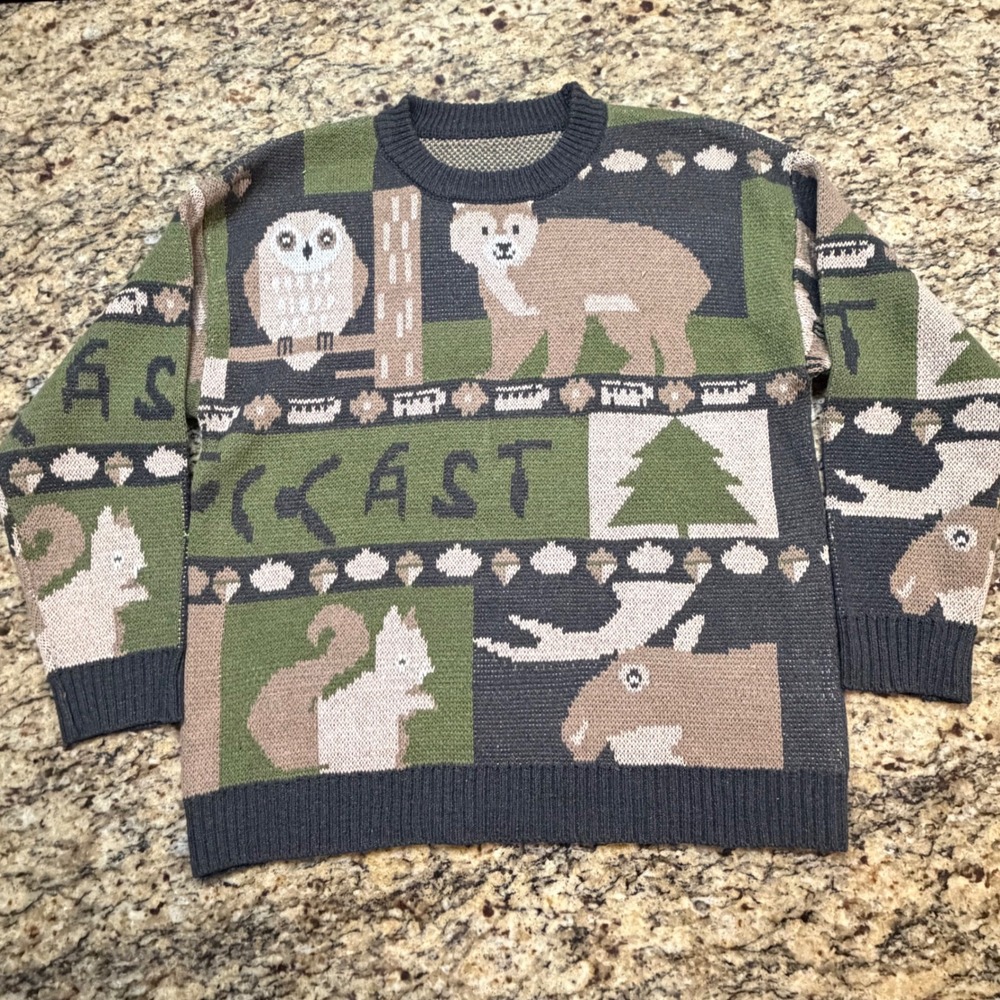 Mens Woodland Animal Knit Sweater Forest Green Bear Owl Moose Crew Neck XL v